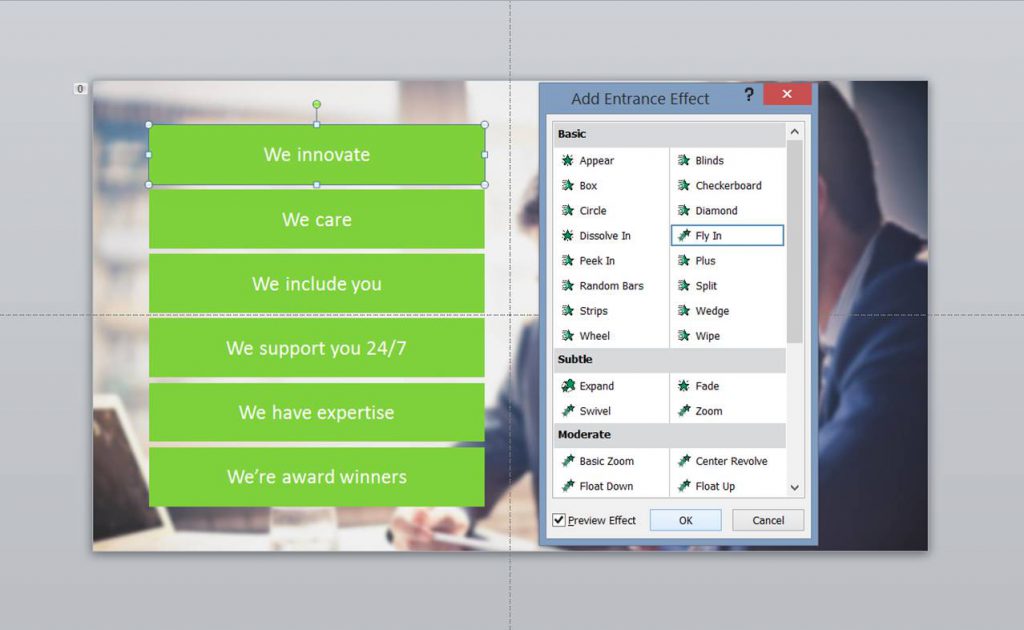 PowerPoint slide with 'Add entrance effect' pop-up box