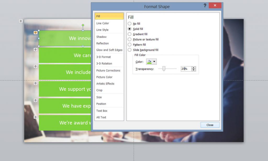 Screenshot of 'format shape' pop-up box in PowerPoint