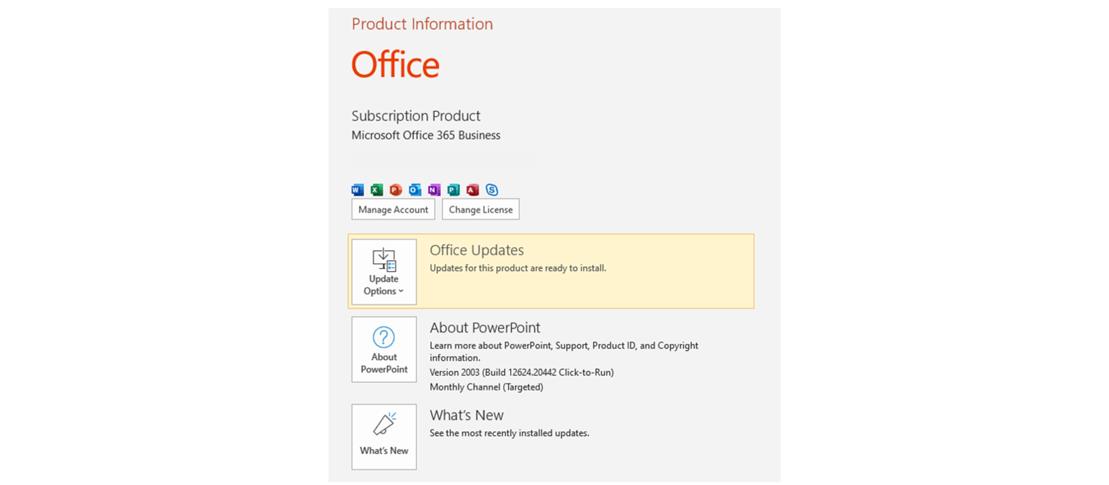 Captura de pantalla que muestra el botón de actualizaciones de Office