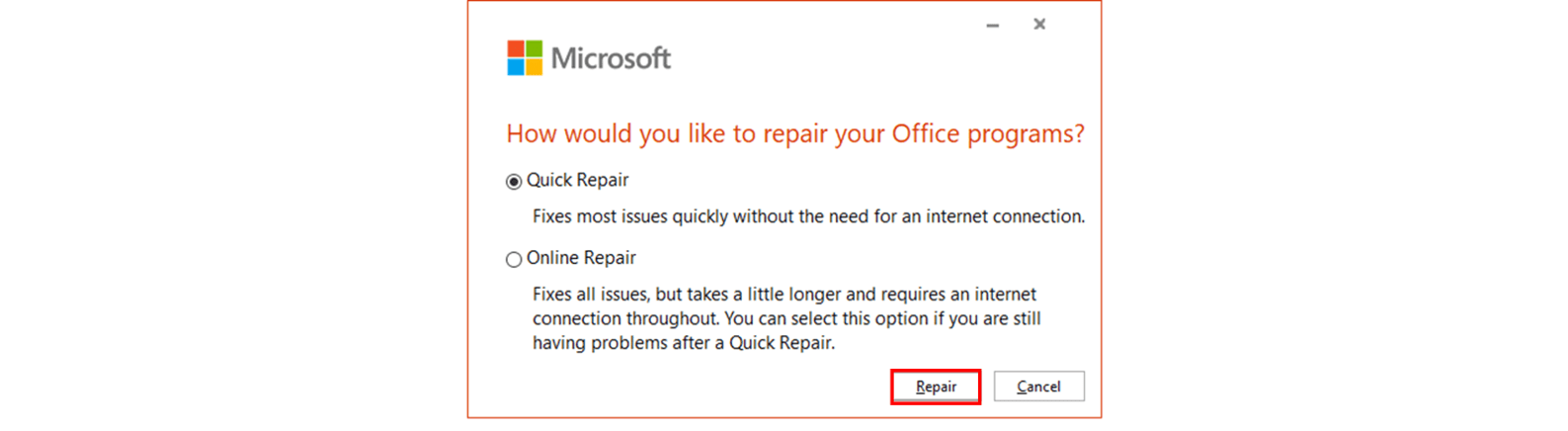 Ventana emergente de reparación de Microsoft Office