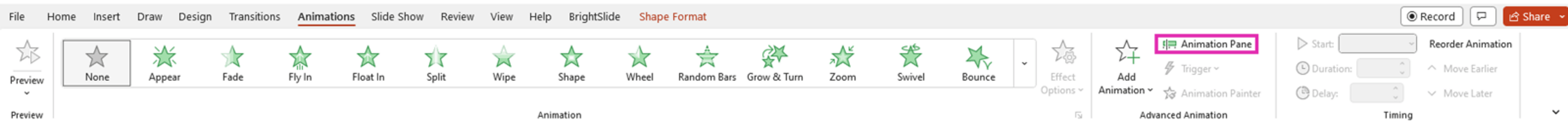 Screenshot of PowerPoint's animation menu with the animation pane button highlighted
