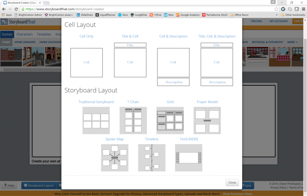 interface showing a range of different layouts for storyboards