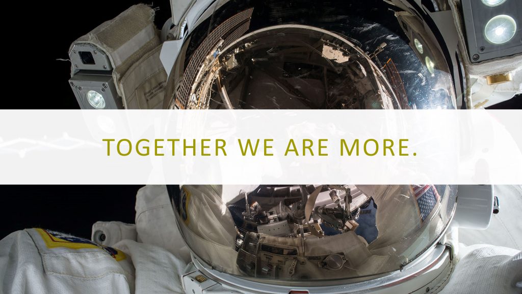Picture of astronaut with Together We Are More overlaid on a white box