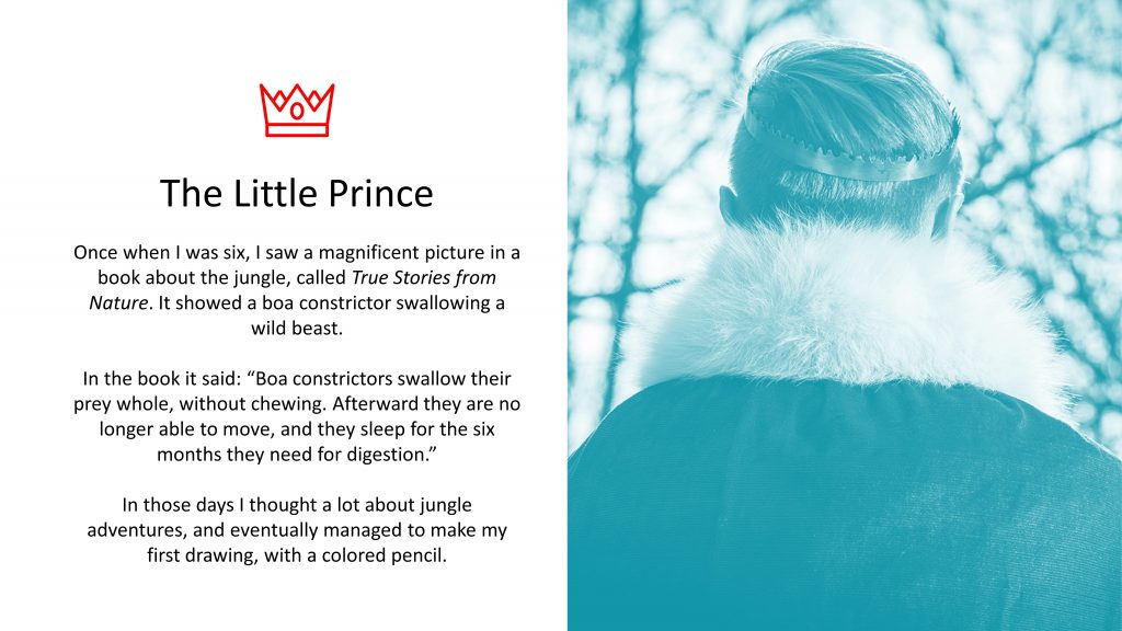 Image of prince with text from The Little Prince, centre aligned