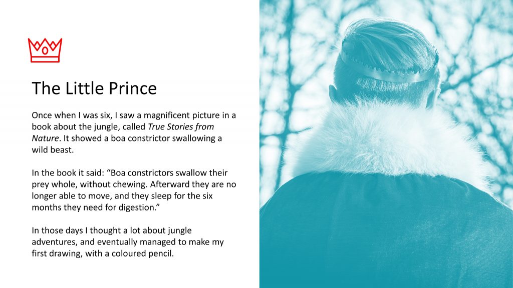 Image of prince with text from The Little Prince, left justified