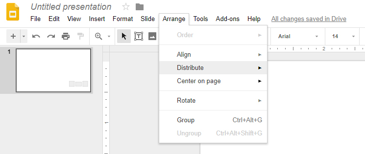 Screenshot showing the drop-down list that appears when clicking the 'Arrange' tab in Google Slides.