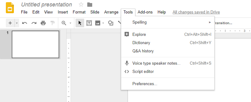 Screenshot showing the drop-down list that appears when clicking the 'Tools' tab in Google Slides.