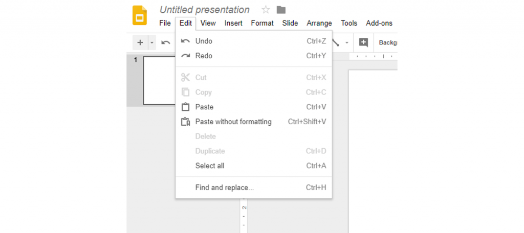 Screenshot showing the drop-down list that appears when clicking the 'Edit' tab in Google Slides.
