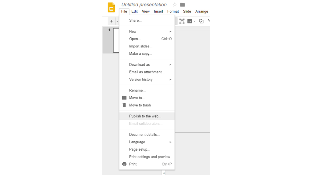 Screenshot showing the drop-down list that appears when clicking the 'File' tab in Google Slides.