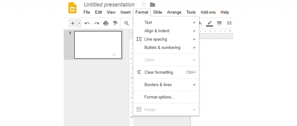 Screenshot showing the drop-down list that appears when clicking the 'Format' tab in Google Slides.