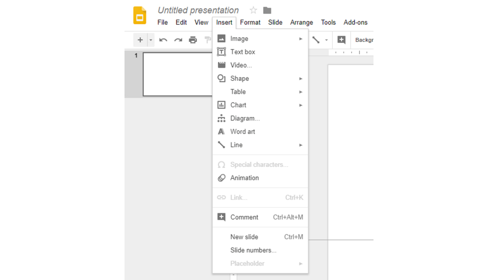 Screenshot showing the drop-down list that appears when clicking the 'Insert' tab in Google Slides.