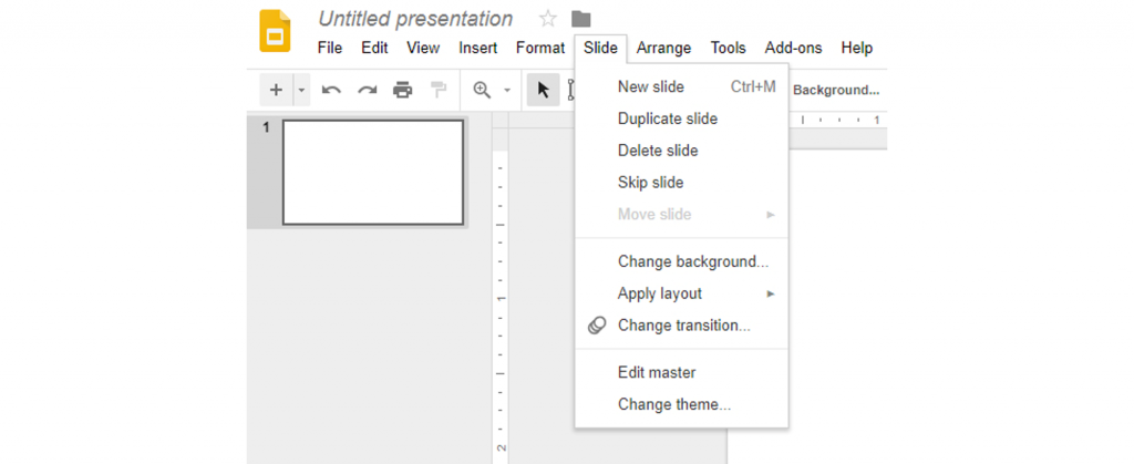 Screenshot showing the drop-down list that appears when clicking the 'Slide' tab in Google Slides.