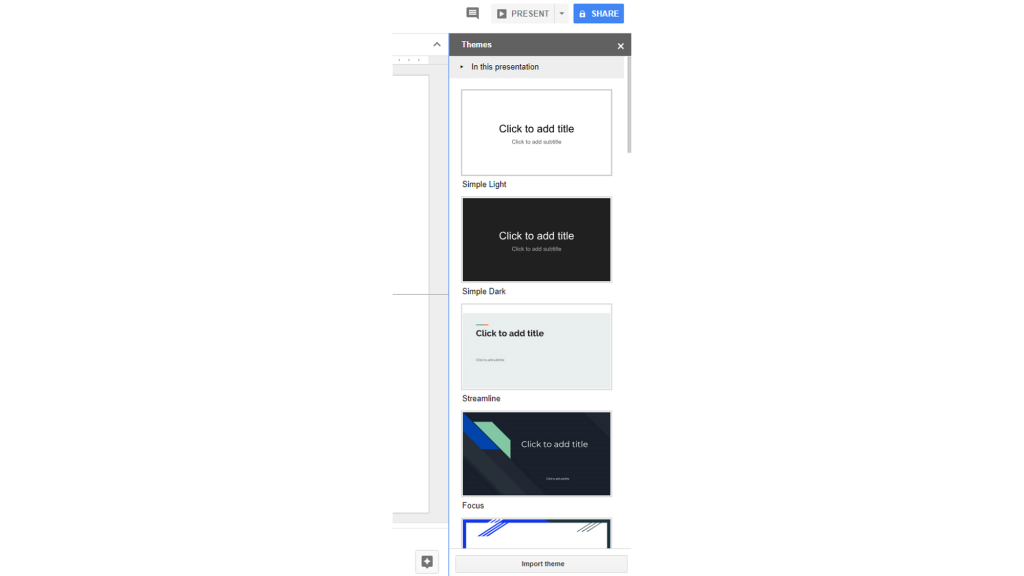 Screenshot of the Google Slides 'Themes' window.