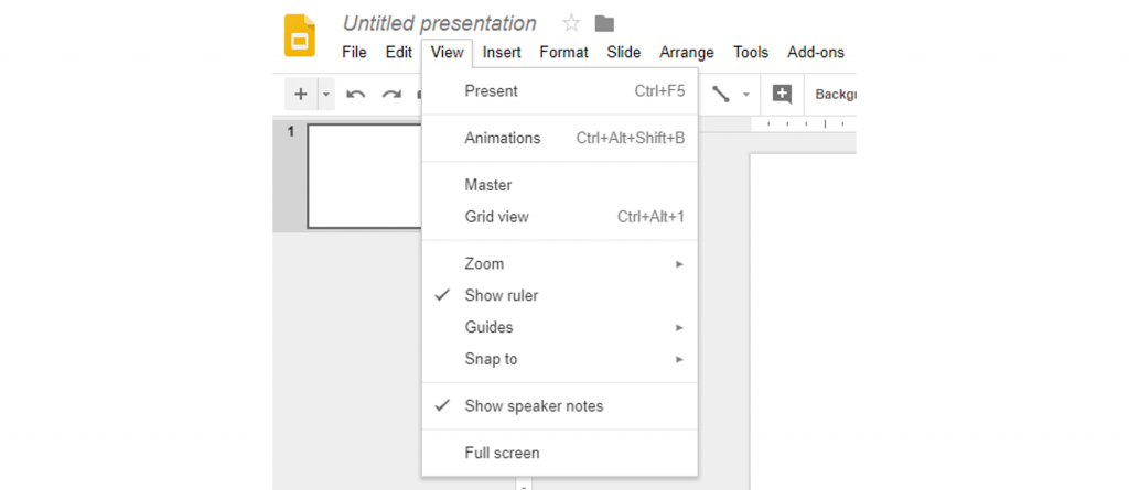 Screenshot showing the drop-down list that appears when clicking the 'View' tab in Google Slides.