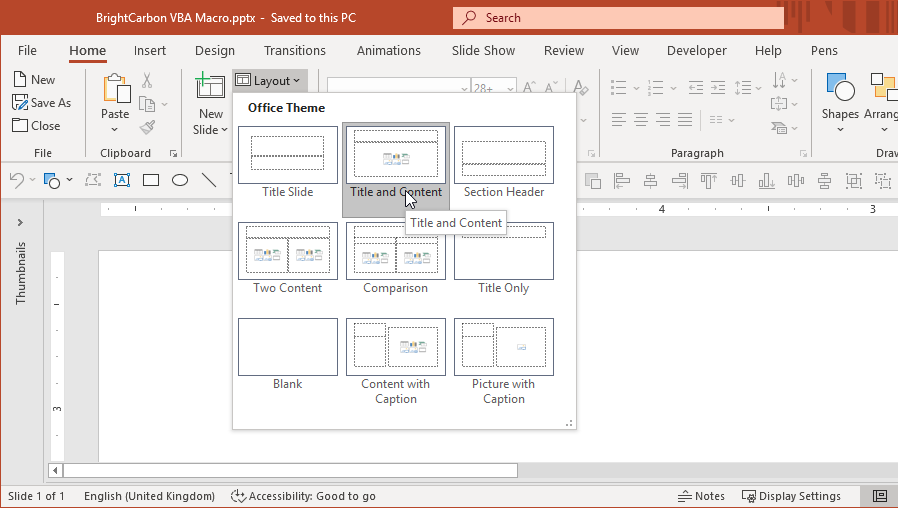 PowerPoint Home Layout selection