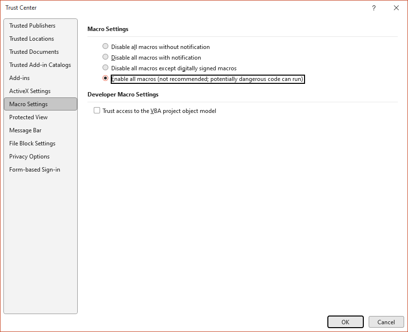 VBA Macro Settings