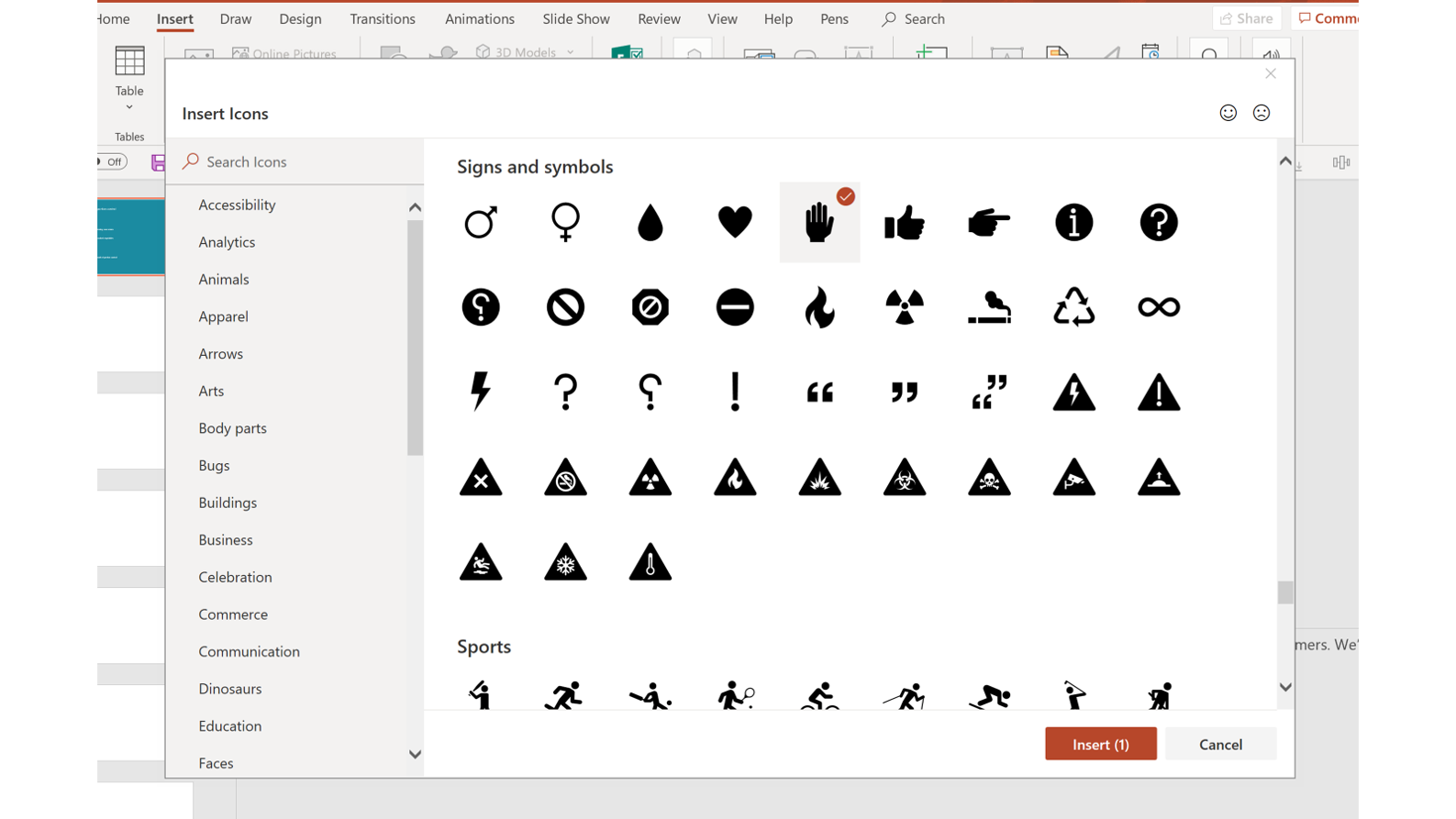 PowerPoint insert icon panel