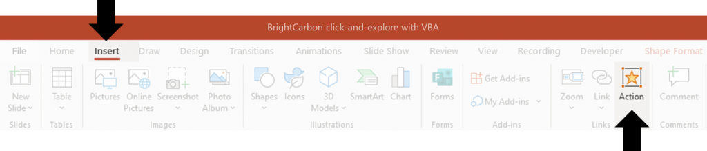 PowerPoint ribbon with Action tab selected