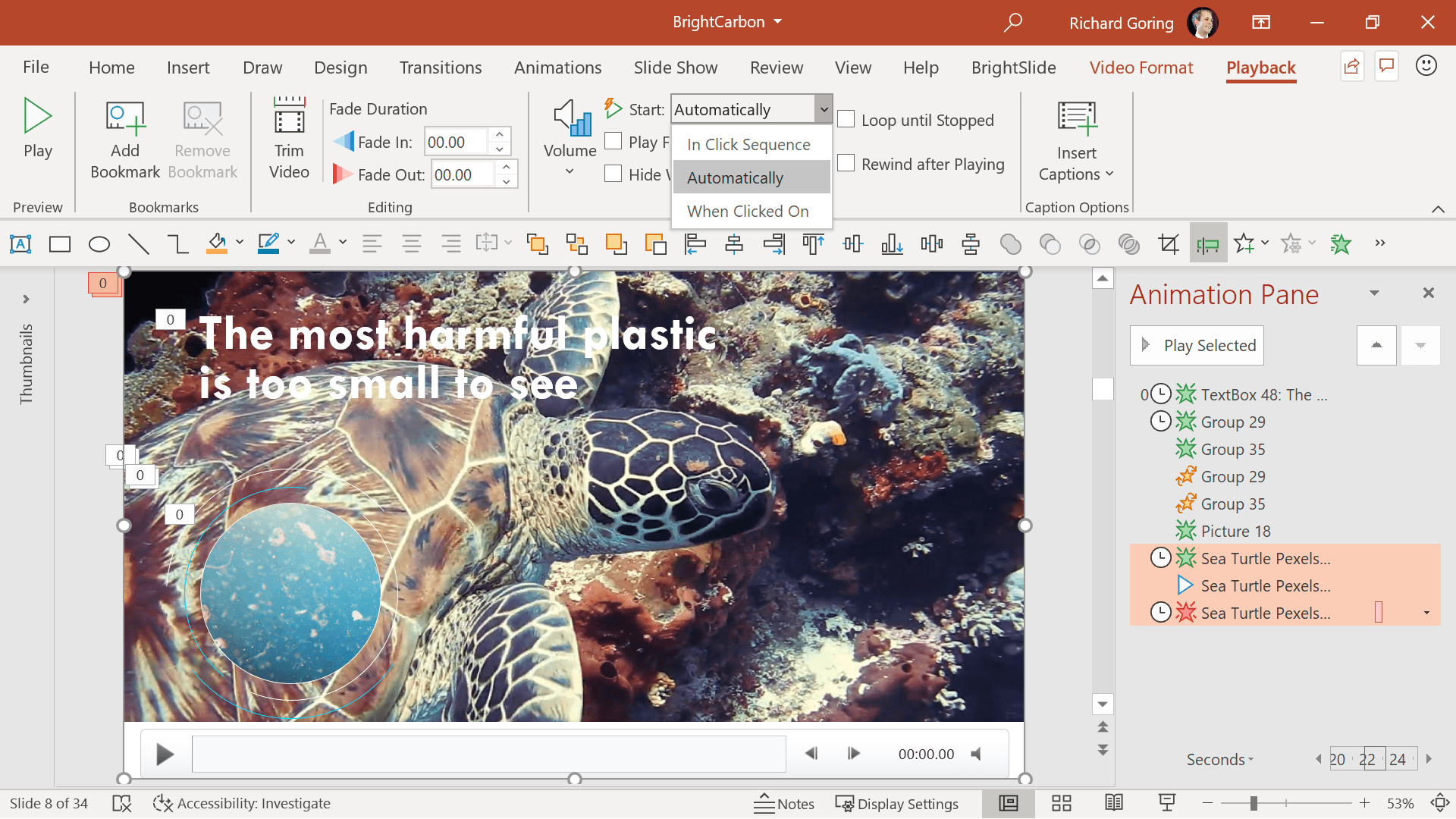How to embed a video in PowerPoint. Use the Animation Pane to play the video automatically. 