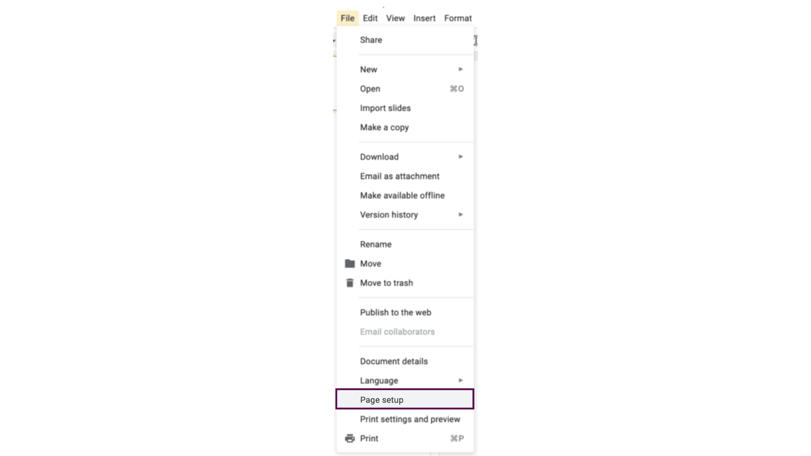 Google Slides 'File' drop down menu