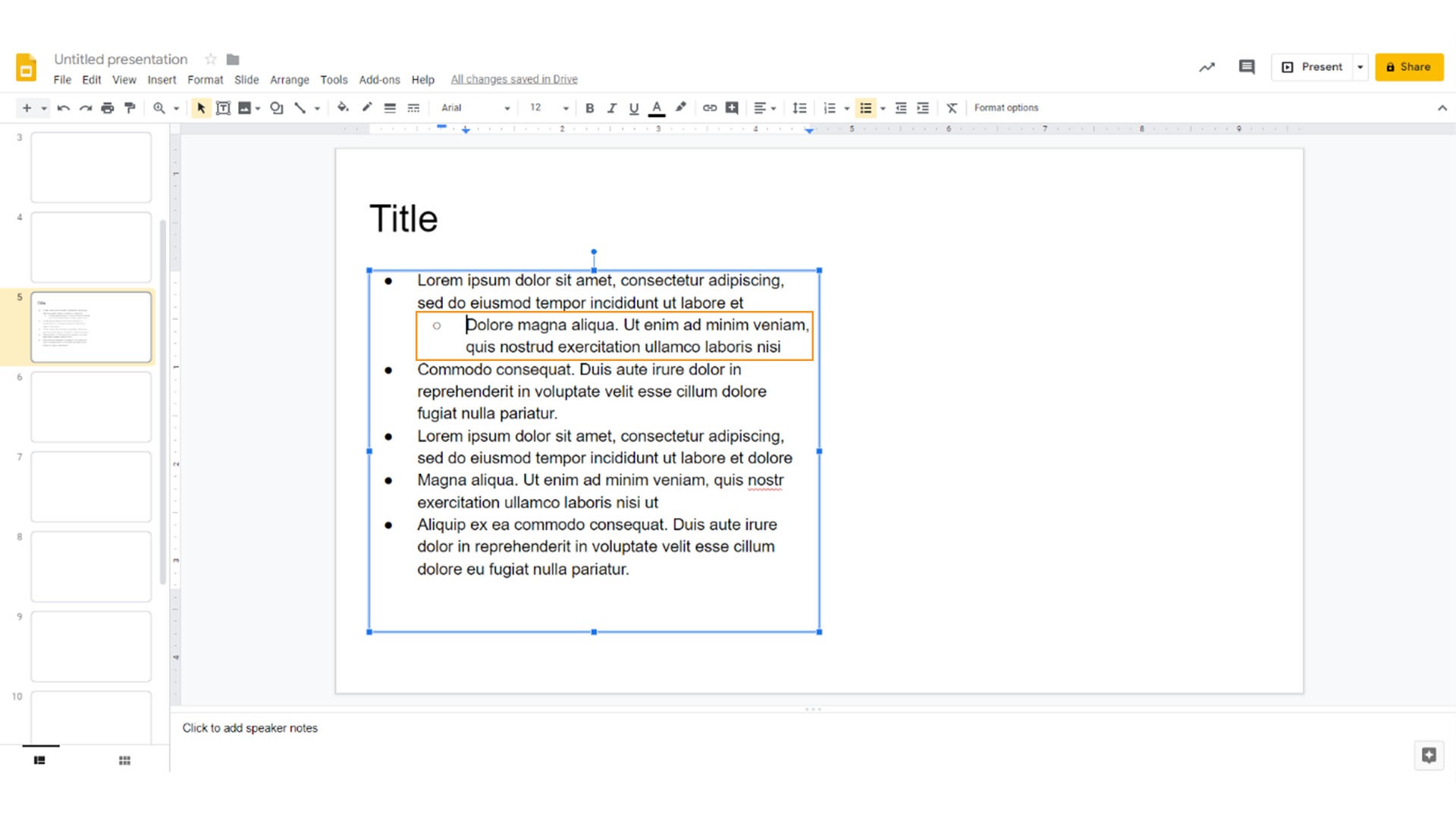 How to format text in Google Slides indented bullet points