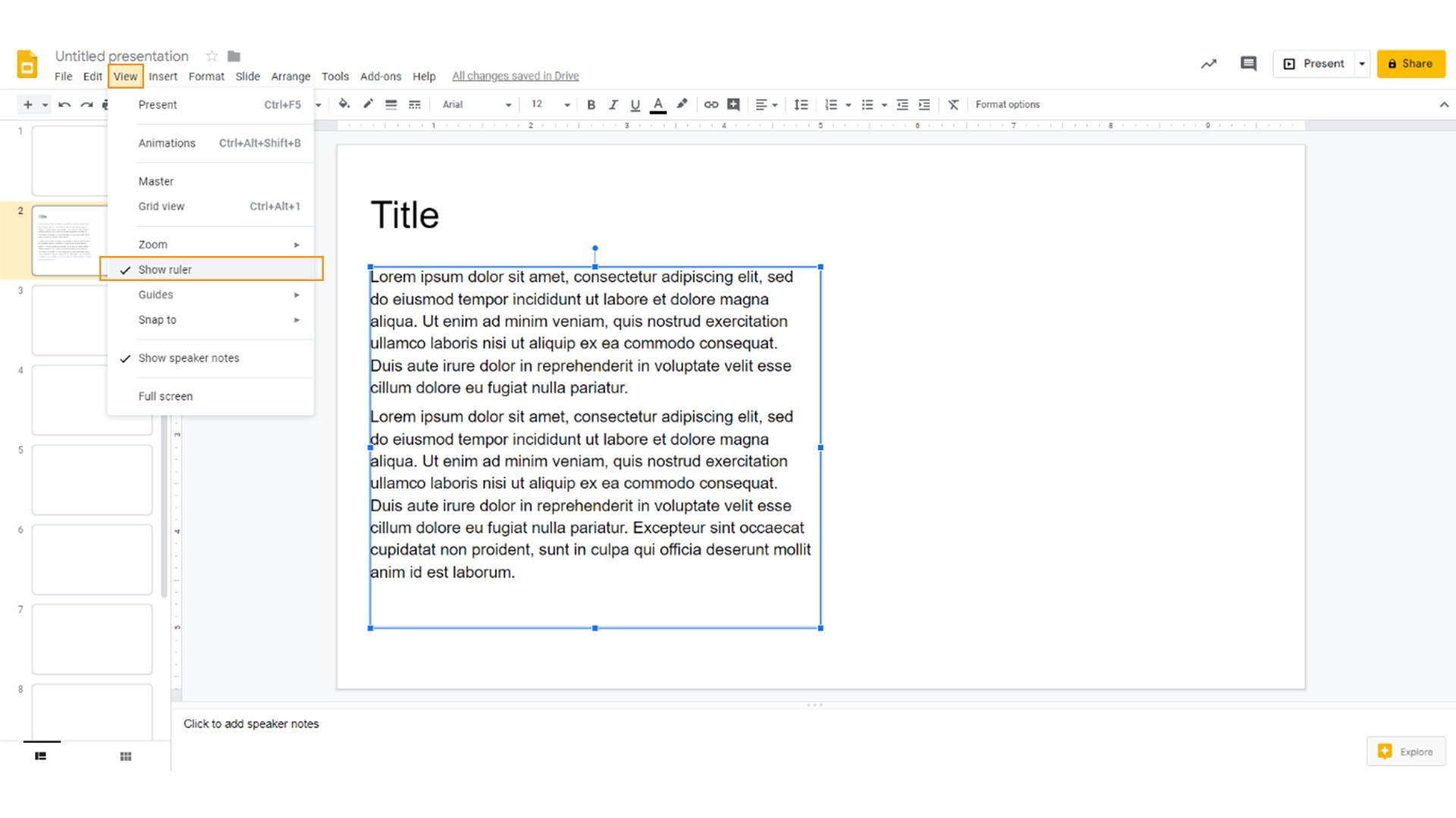How to format text in Google Slides, click view in the ribbon then show ruler