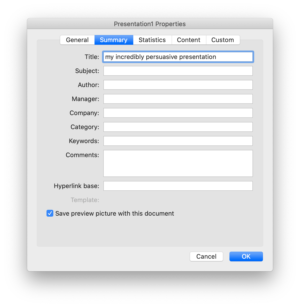 screenshot of PowerPoint for macOS showing file options to set thumbnail picture