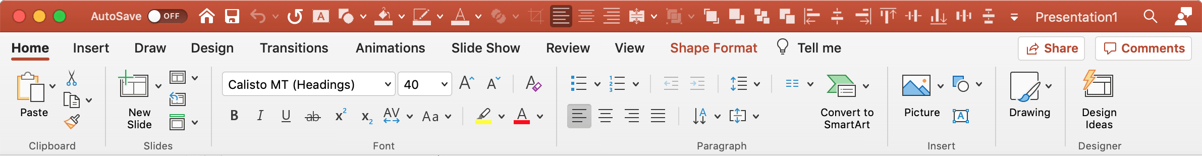 Screenshot of PowerPoint Mac with the BrightCarbon QAT