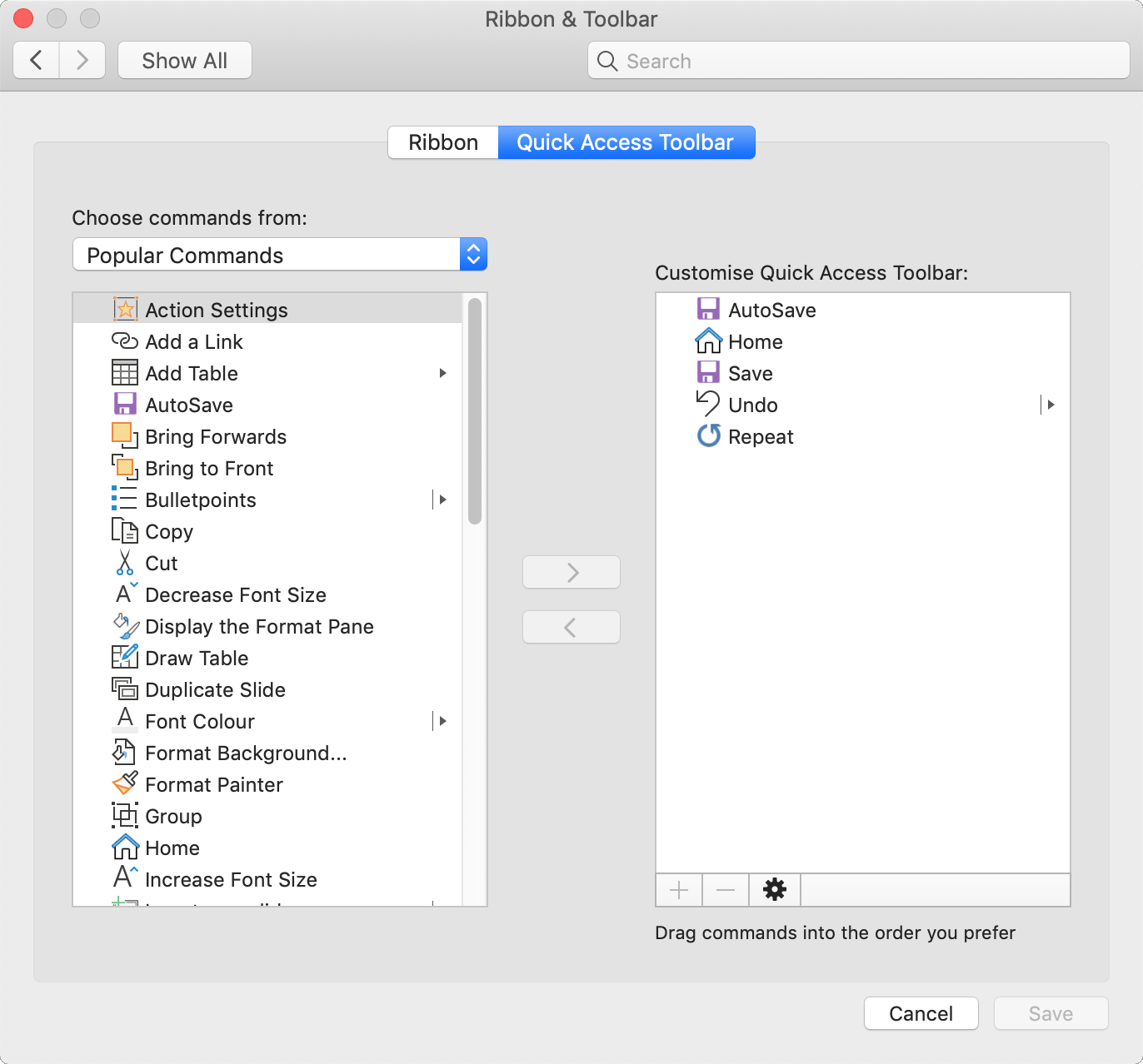 screenshot of PowerPoint Mac QAT customisation
