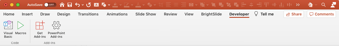 Screenshot of PowerPoint Mac Developer tab with the Quick Access Toolbar above the ribbon