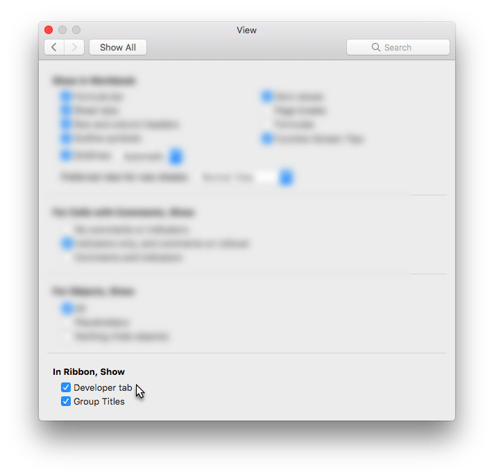 Excel Mac Preferences View with focus on 'In Ribbon, Show' the developer tab option is selected.