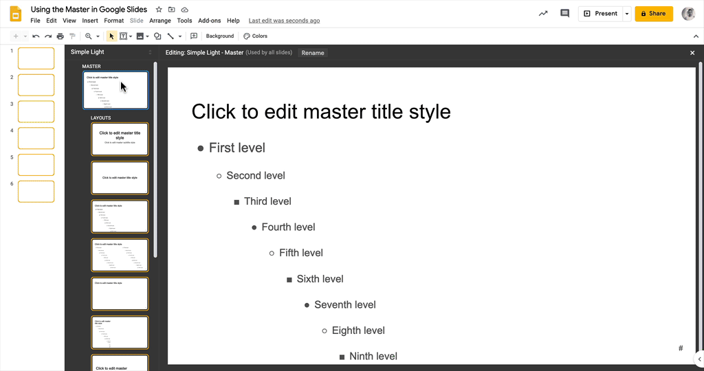GID showing that when you edit the Master in Google Slides it edits the layouts accordingly