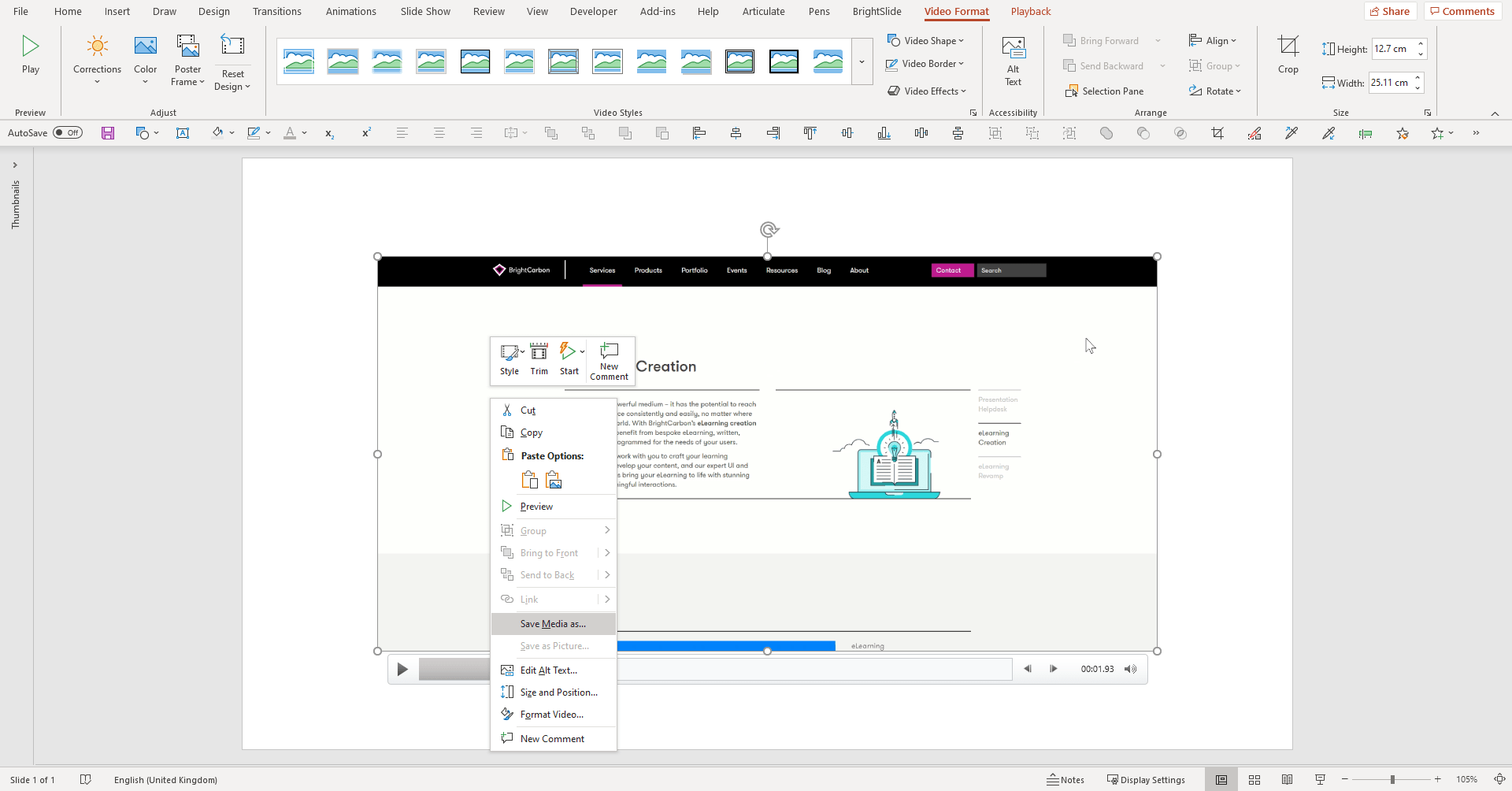 A Microsoft PowerPoint slide with a video screen recording on it and context menu with "Save Media as..." option highlighted