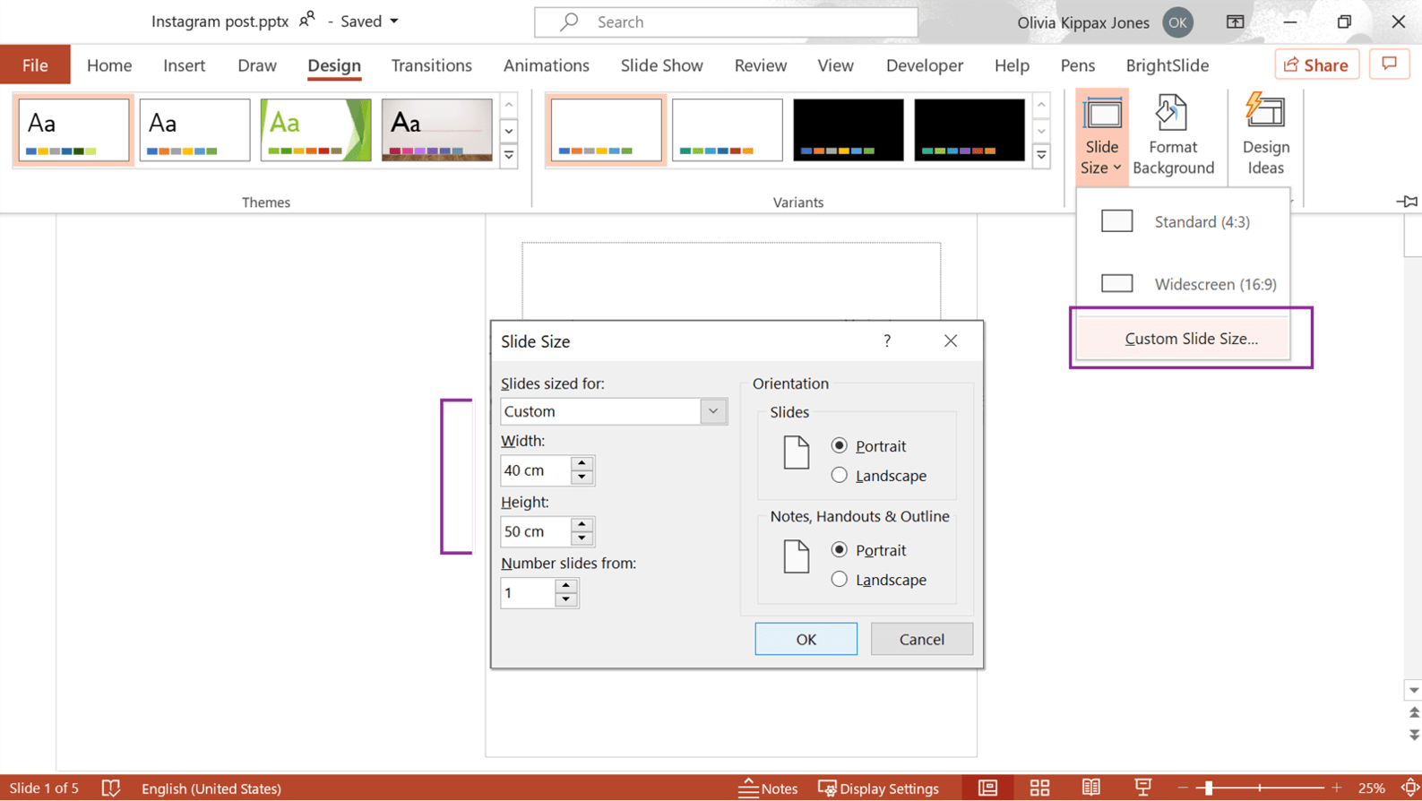 Screenshot of PowerPoint showing where to find the Custom Slide Size menu so your slide is the right size for a social media graphic.