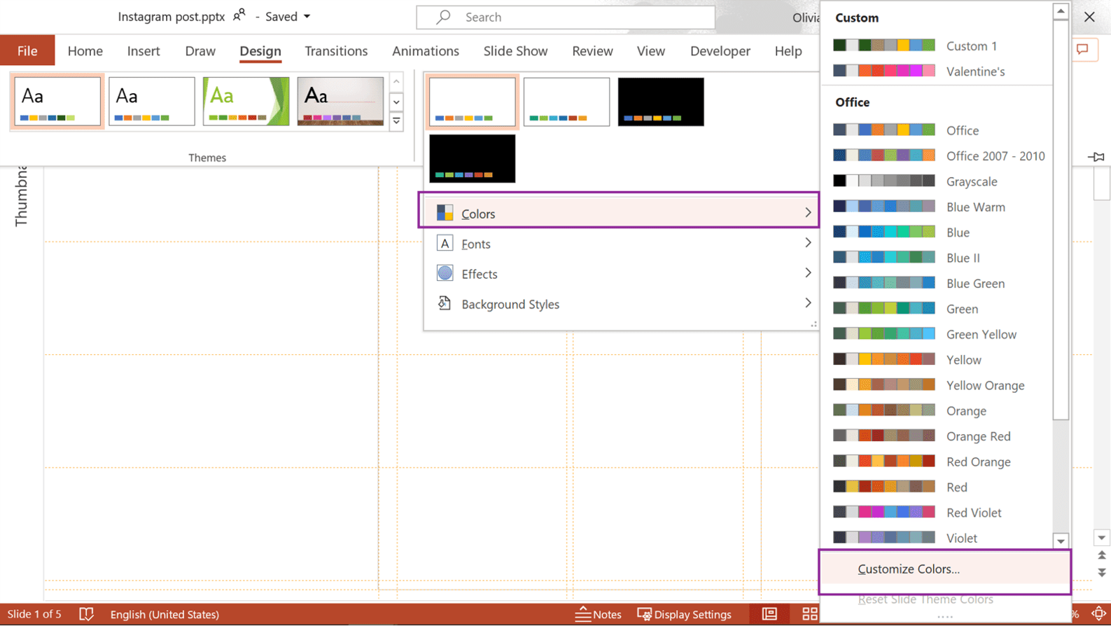 Screenshot of powerpoint showing where to find the Customize Colors menu so you can set up colours for your custom social media graphic