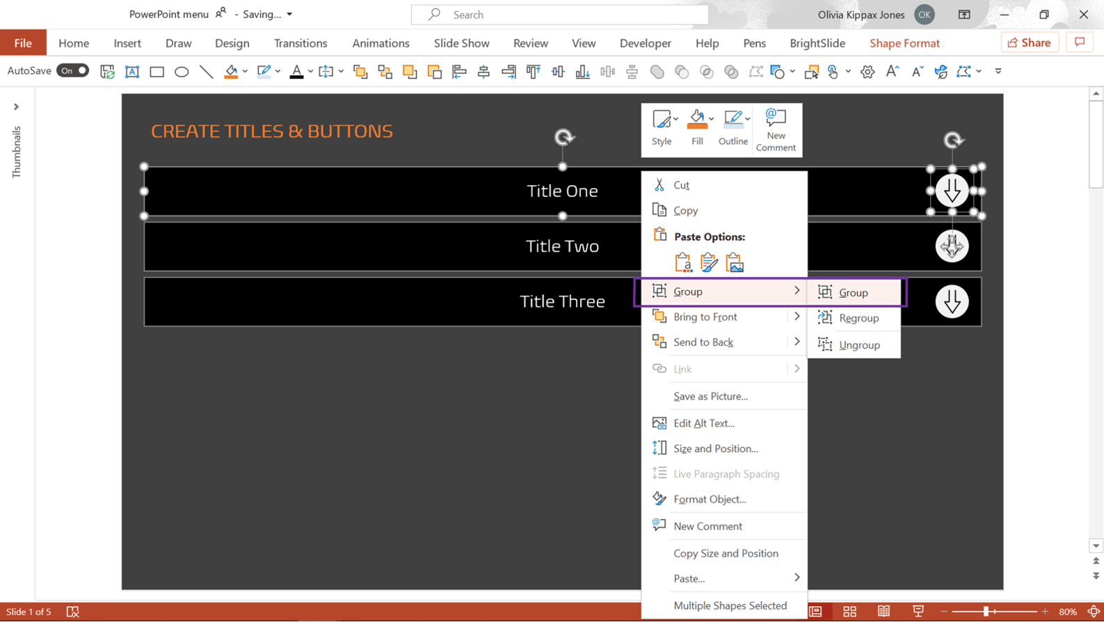 Screenshot of PowerPoint showing where to find the grouping options