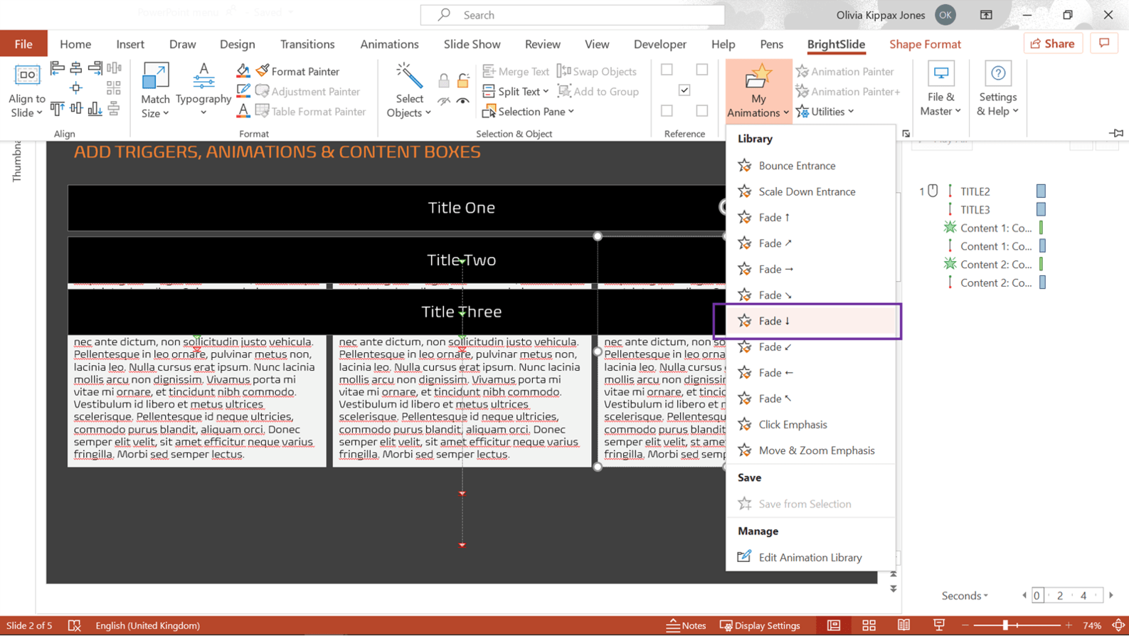 Screenshot of PowerPoint showing the BrightSlide tab with My Animations library highlighted