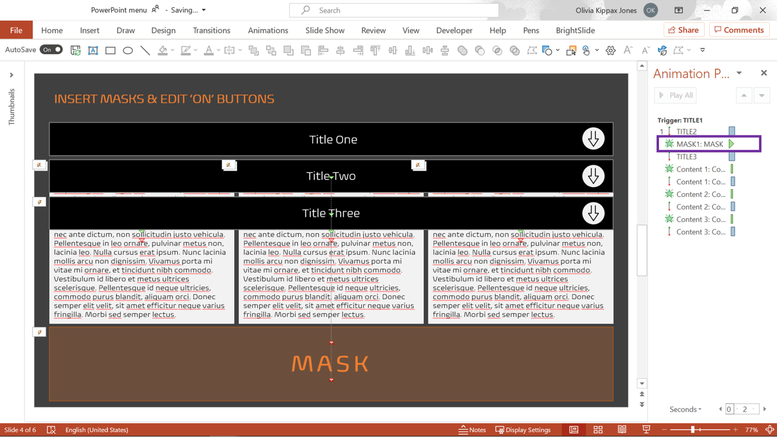 Screenshot of PowerPoint showing the Animation Pane with the a mask animation hughlighted