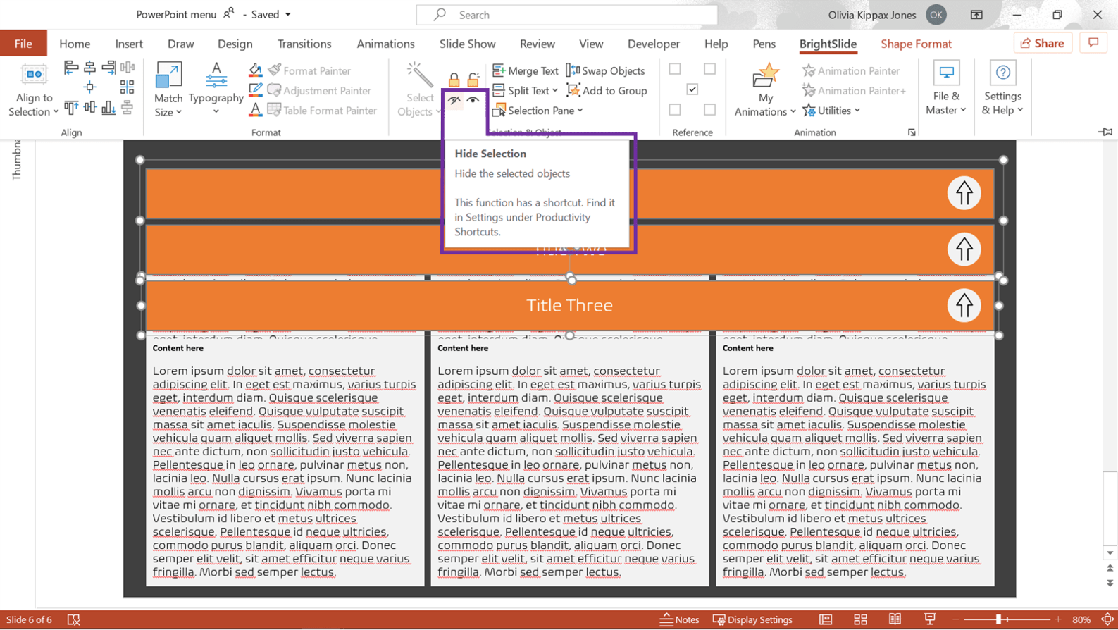 Screenshot of PowerPoint showing the BrightSlide tab with the Hide/Show tool highlighted