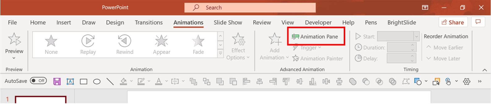 Screenshot of the PowerPoint ribbon with the animation Pane option highlighted