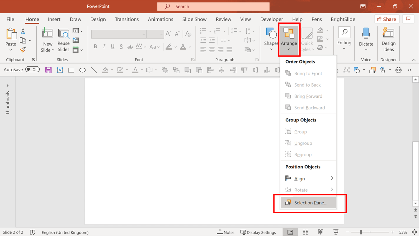 Screenshot of PowerPoint showing how to access the Selection Pane from the ribbon