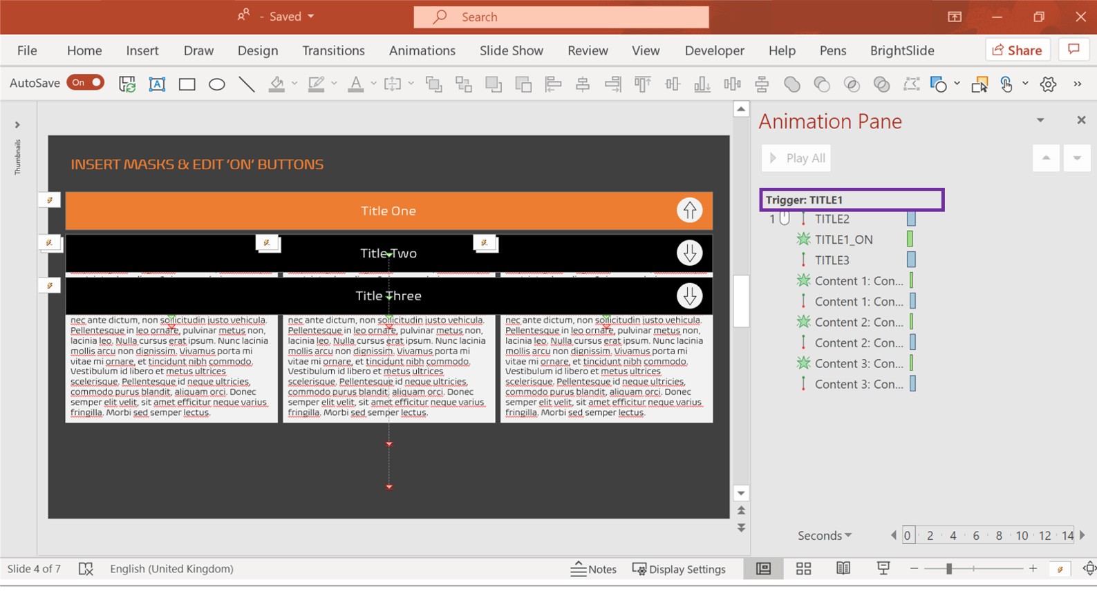 Screenshot of PowerPoint showing the Animation Pane with a named Trigger highlighted