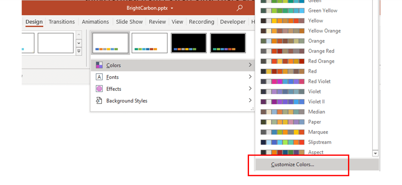 PowerPoint screenshot showing where the customise colors option is