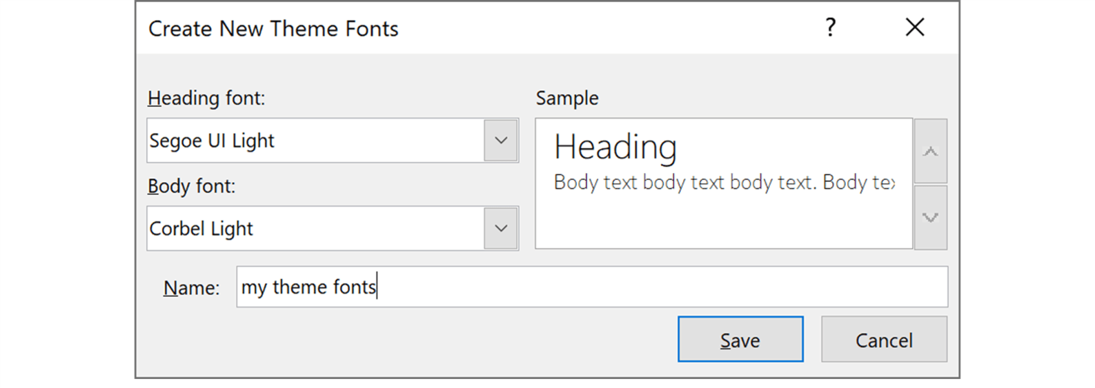 Screenshot of the Create New Theme Fonts pop up window in PowerPoint
