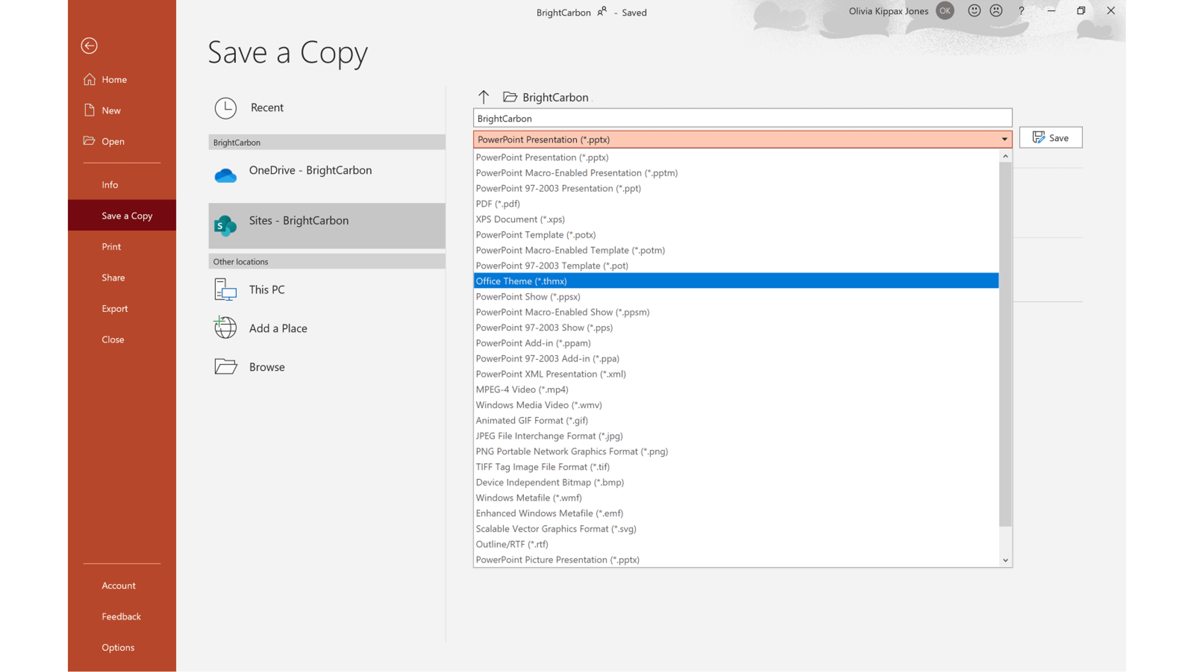 screenshot showing how to save a PowerPoint file as an Office theme