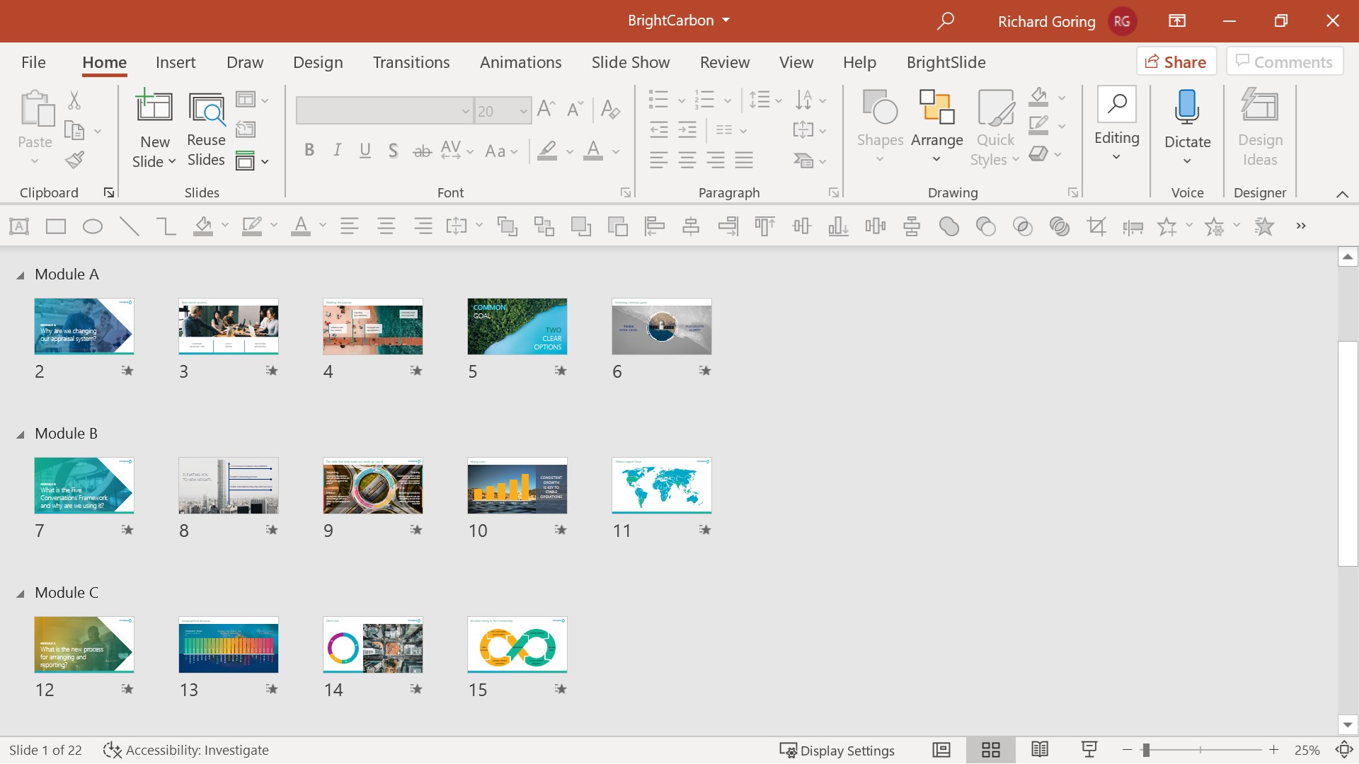 Screenshot of PowerPoint in Slide Sorter view showing slide divided into sections