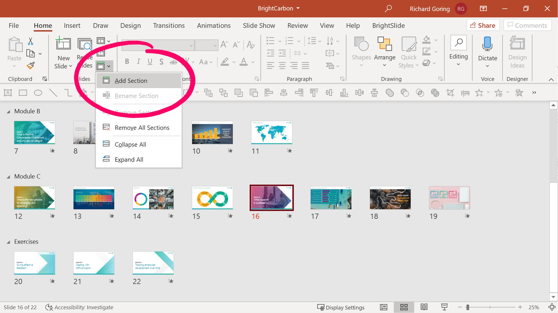 PowerPoint screenshot showing where to find the Section drop down menu on the Home tab.