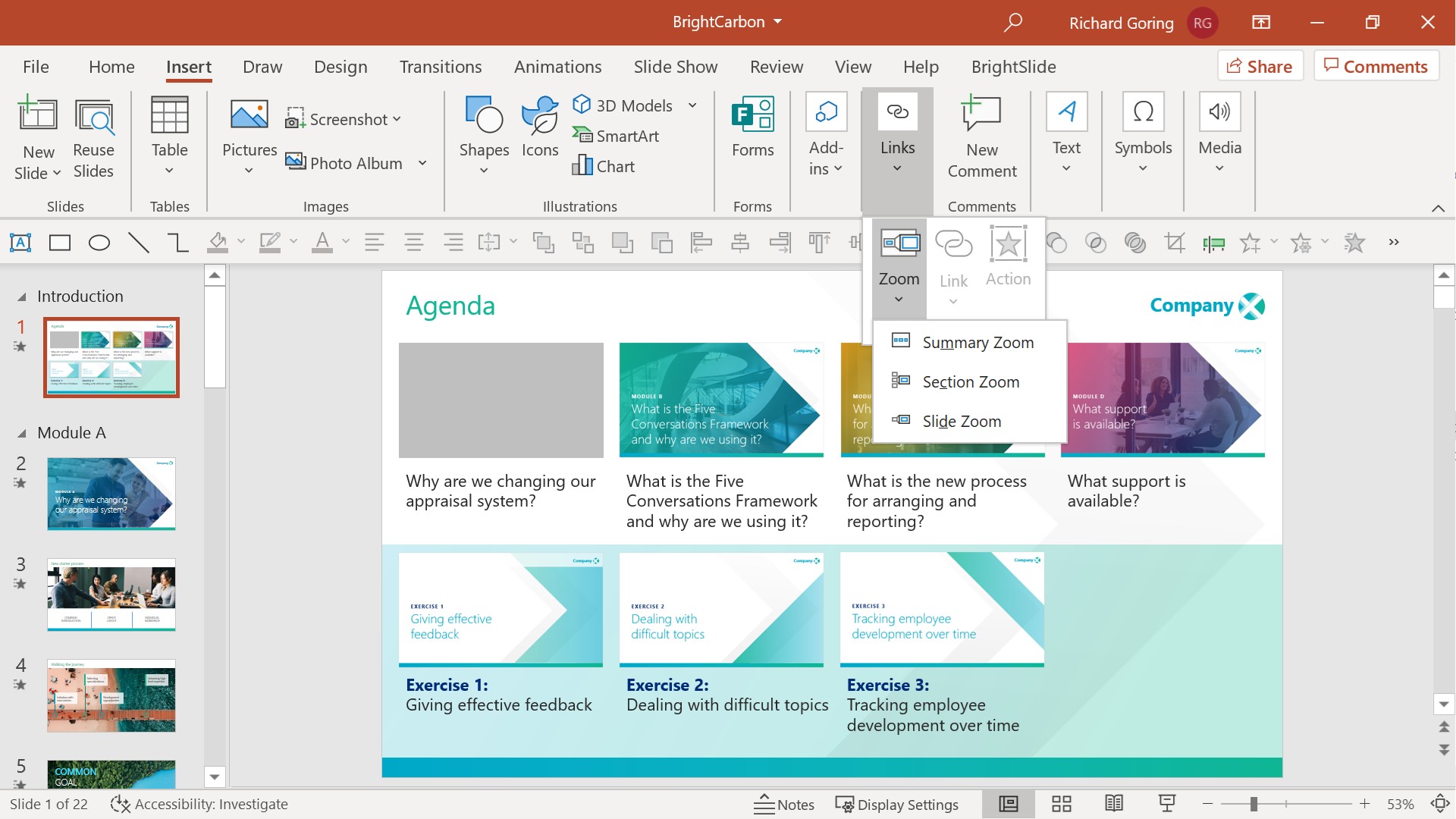 PowerPoint screenshot showing where to find the Zoom link options in the Insert tab. 