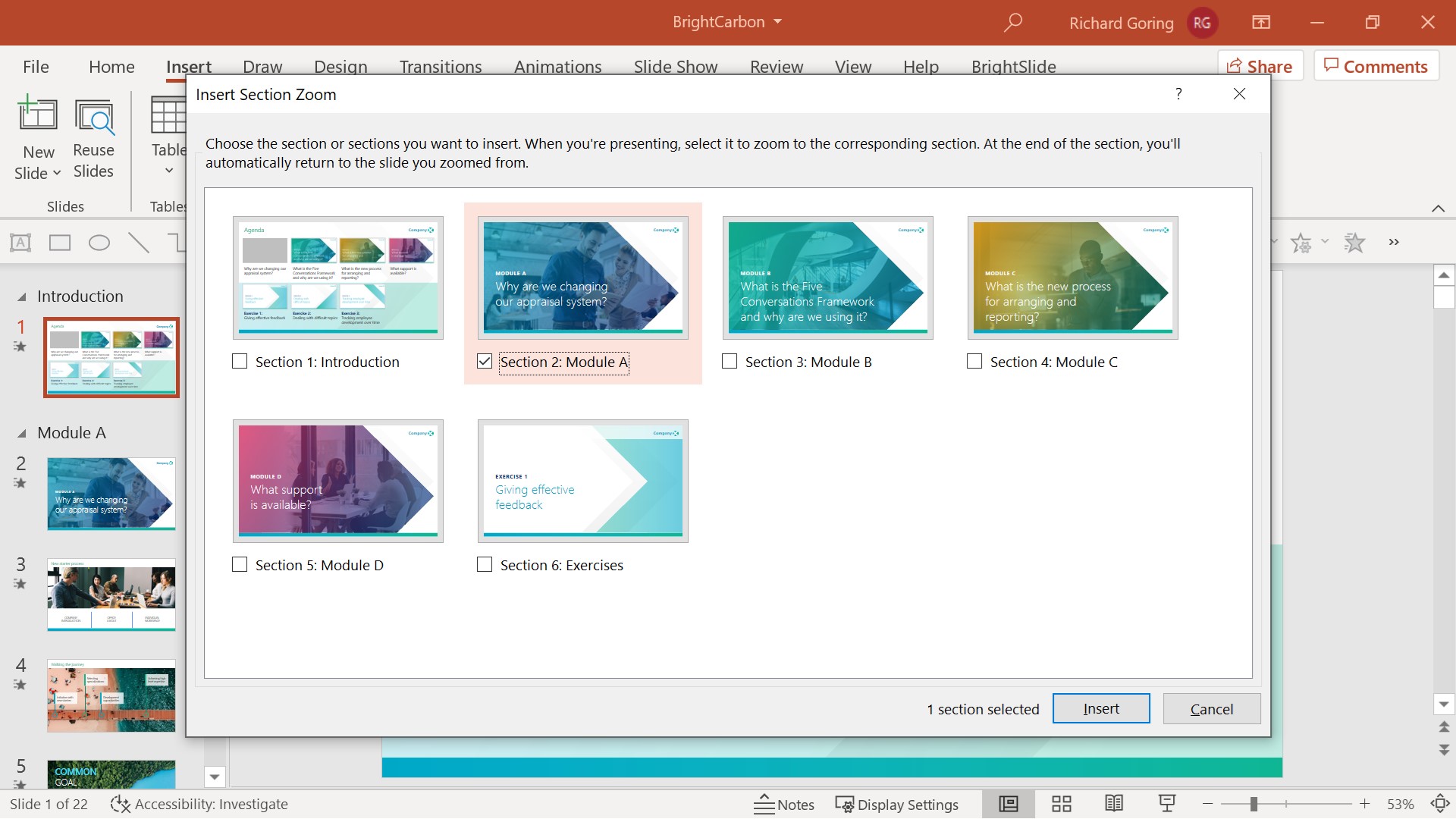 PowerPoint screenshot showing the Insert Section Zoom link pop up window. 