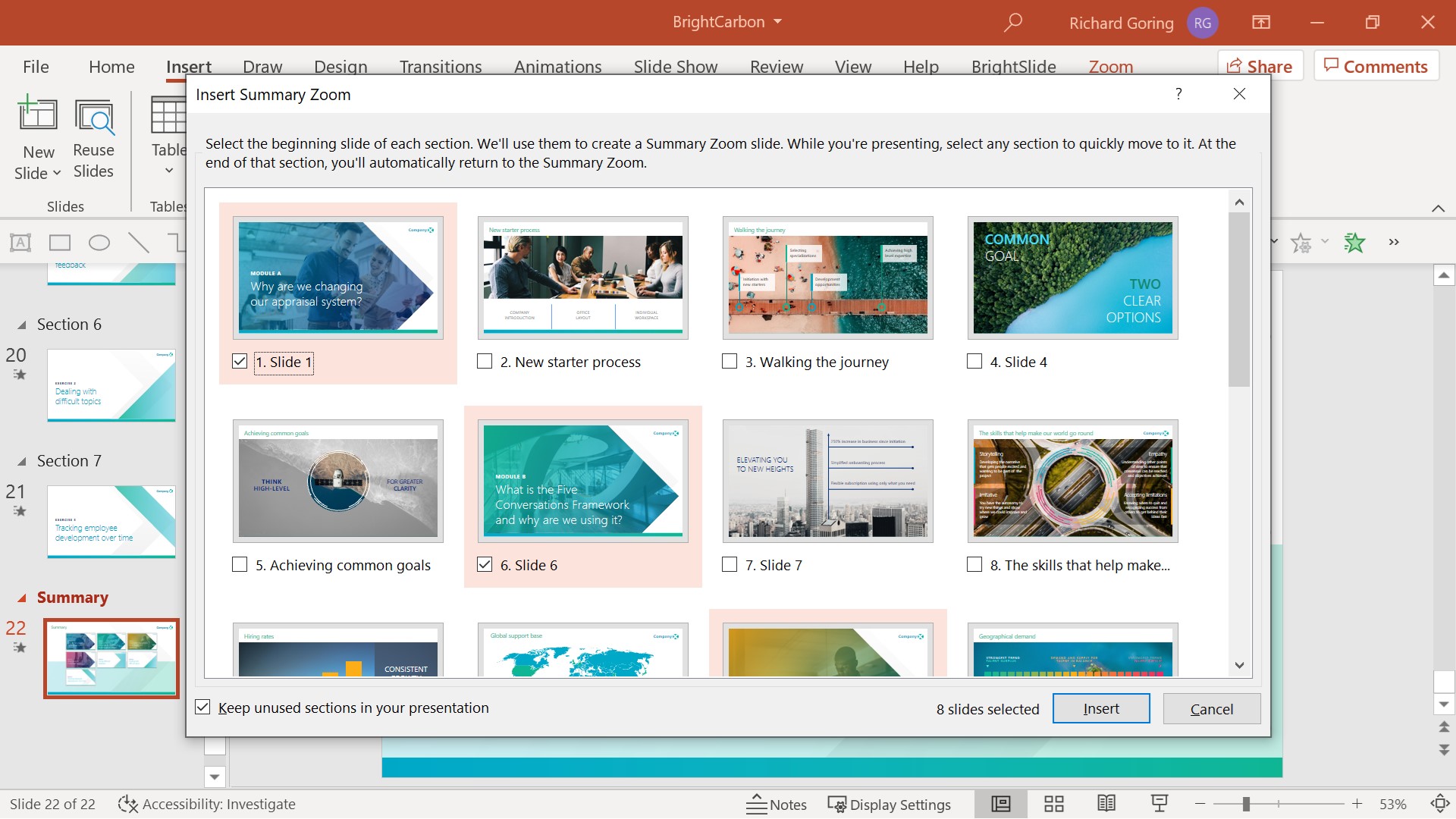 PowerPoint screenshot showing the Insert Summary Zoom pop up window